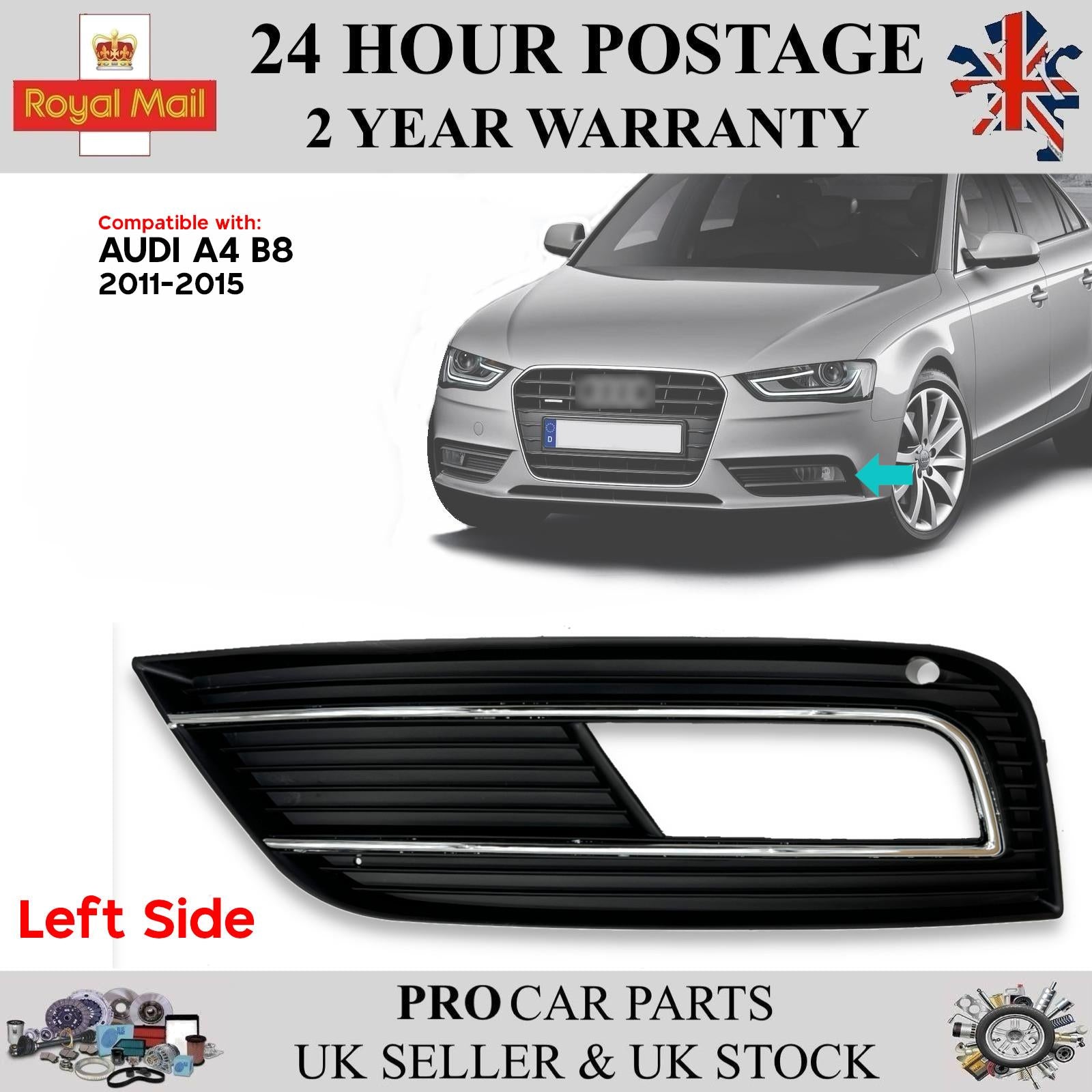 Front Bumper Fog Grille Left with Chrome Fits AUDI A4 B8 2011-2015 8K0807681K